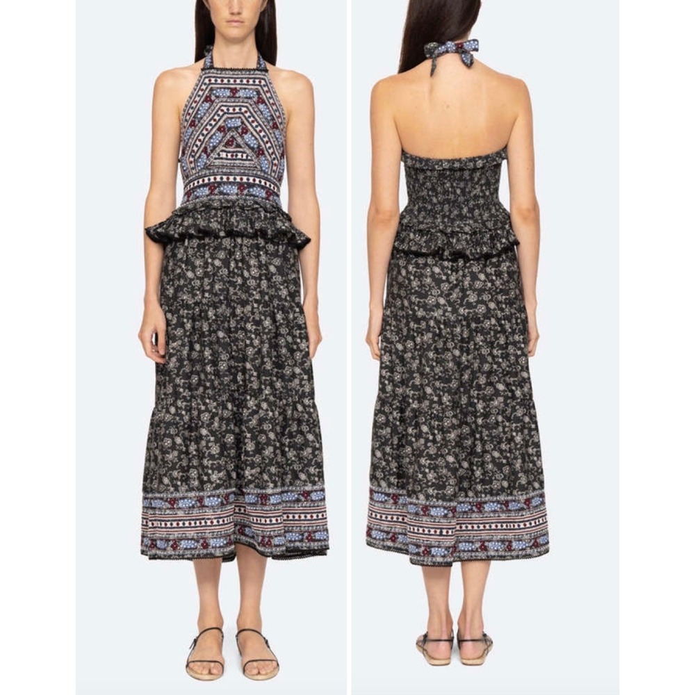 SEA NEW YORK Everly Ruffled Embroidered Halterneck Midi Dress with‎ Pockets